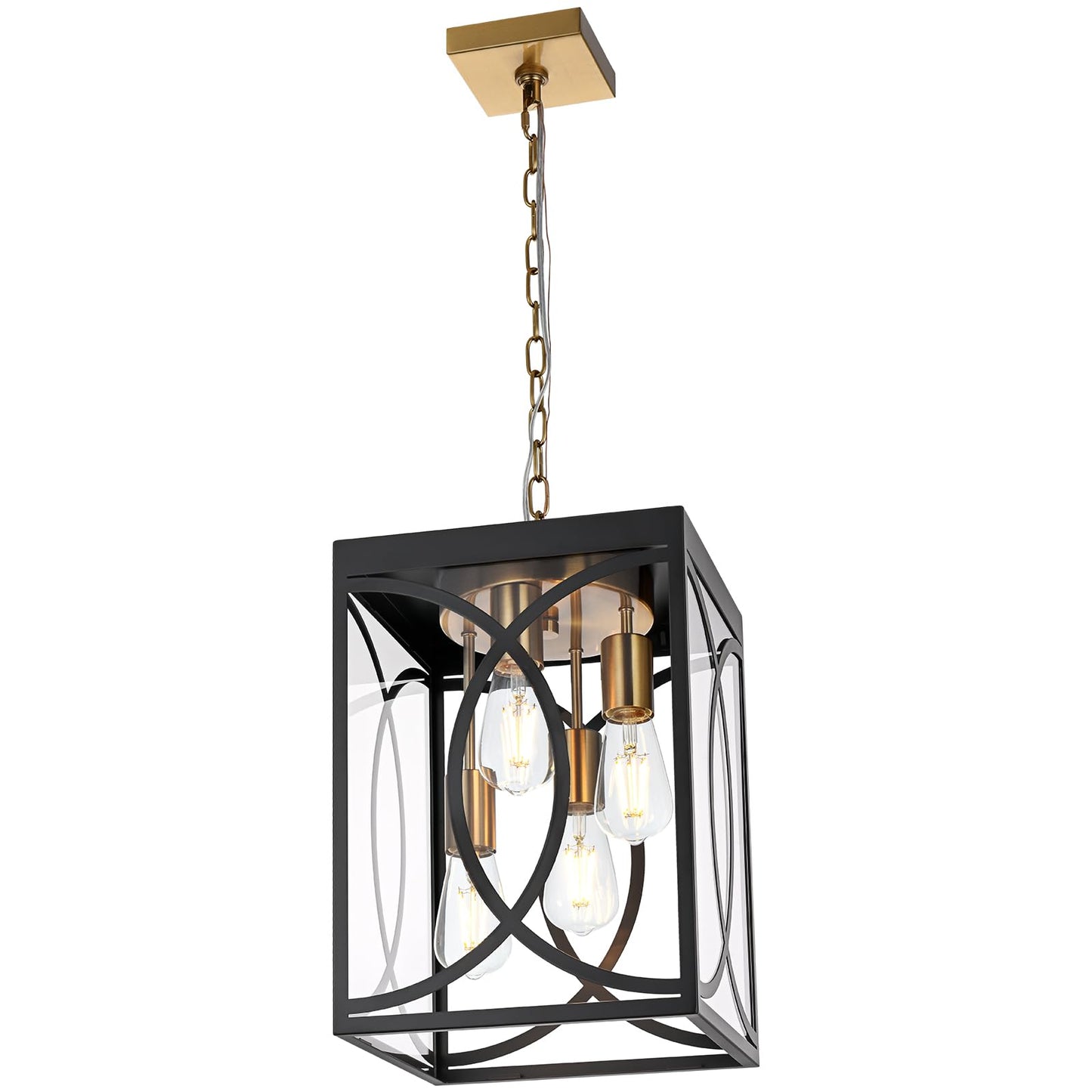 WINSHEN 4-Lights Large Outdoor Pendant Light Fixture, E26 Bulb Base Porch Hanging Lighting in Black & Brushed Brass, Modern Exterior Lantern Chandelier Ceiling Mount for Patio Front Door