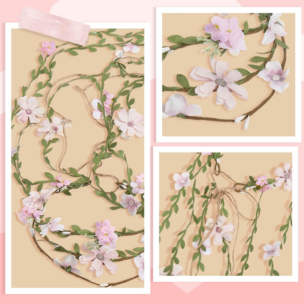 CABODYALS Pearl Pink Flower Crown Headband Boho Floral Wreath With Leaves Vine Ribbon Fairy Hairband Garland Wrapped Crafting Hair Hoop for Women Party Wedding Accessories Vacation Festival Decor