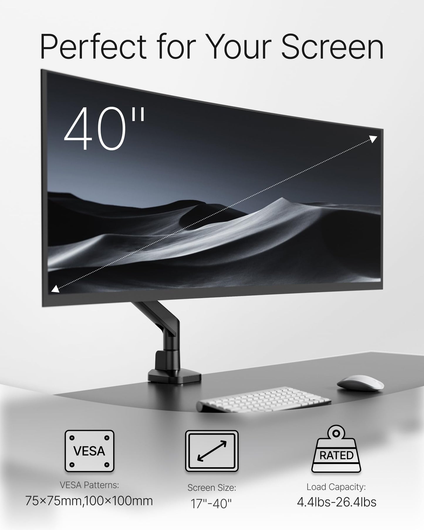 monTEK Deluxe Monitor Arm up to 40 Inch Holds 26.4 lbs Curved Screens Aluminum Fully Motion Adjustable Single Monitor Stand with Clamp/Grommet Desk Mount, Quick Release Plate,75/100mm VESA