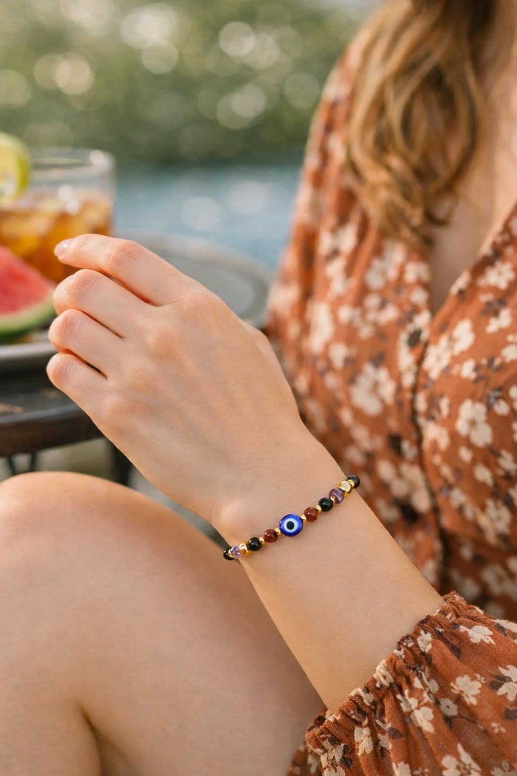 TUQBA Evil Eye Bracelet Healing Stones for Women Baptism Birthday Jewelry Clear Quartz, Amethyst, Tourmaline, Tiger Eye for Friend, Sister, Mom, Christmas Gift, Mothers Days Gifts