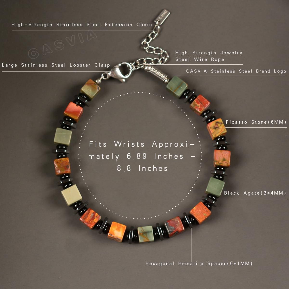 Casvia original beaded bracelets for men Picasso jasper mens bracelet with hematite and black onyx spacers stainless steel adjustable chain Handmade Viking style Great for yourself or friends