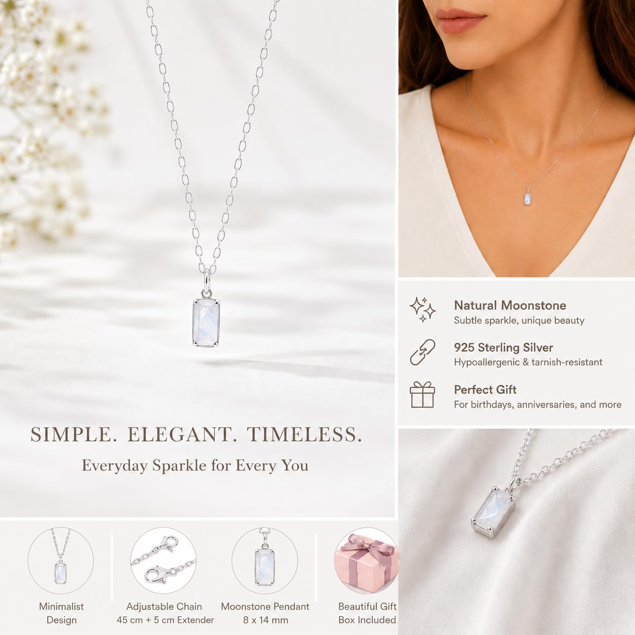 ZEWAR Rainbow Moonstone Necklace for Women, 925 Sterling Silver New Beginnings Pendant, Meaningful Gift for Her, Friend, Wife, Daughter, Birthday or Graduation and Moms