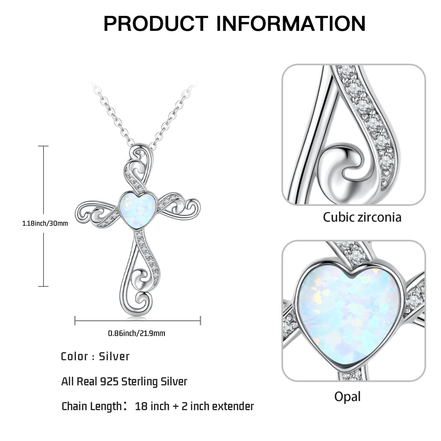 Twoowl Cross Necklace 925 Sterling Silver Opal Necklace Cross Crucifix Pendant Christian Catholic Religious Jewelry Gifts for Women