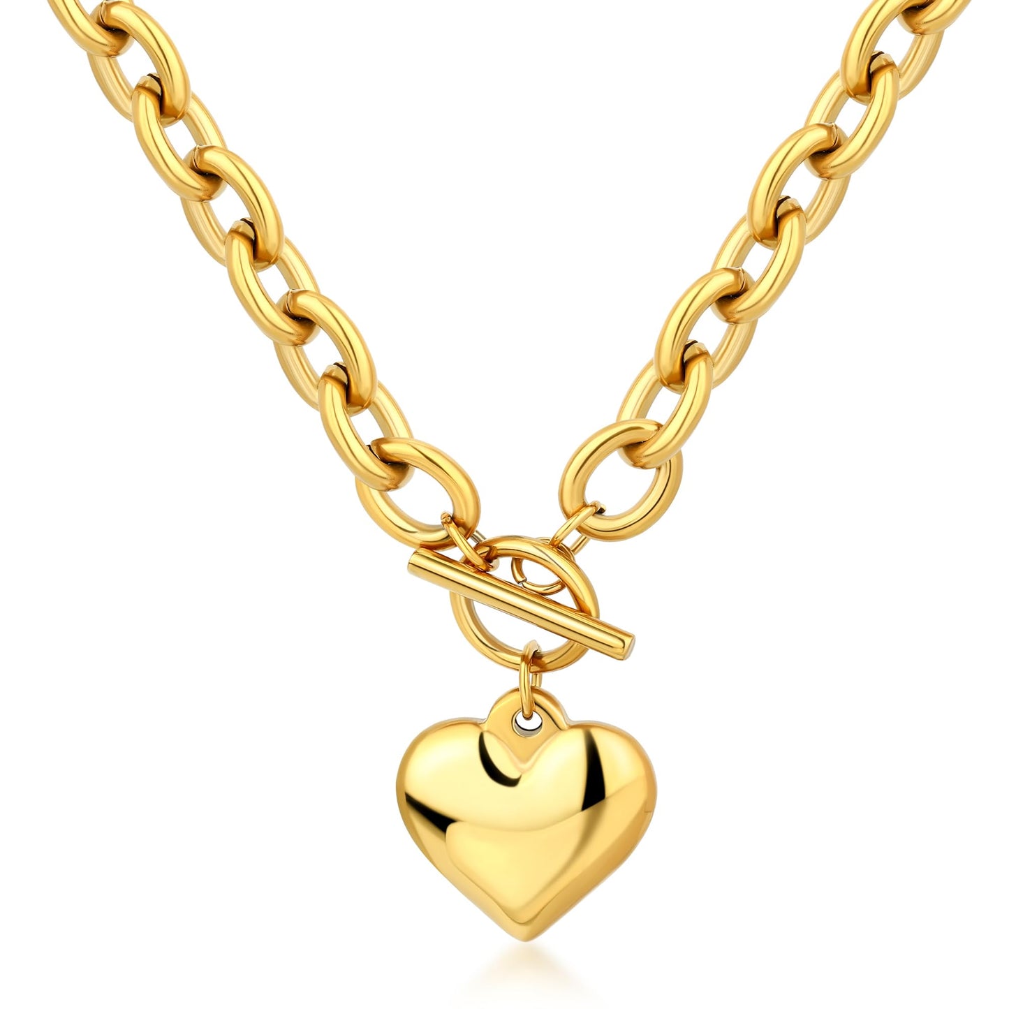BONJOULRY Chunky Gold Heart Necklace for Women, 18K Waterproof Heart Necklace Statement Necklace Gold Charm Necklace Chunky Jewelry Valentine's Day Gift for Women (OT Chunky Chain Heart)