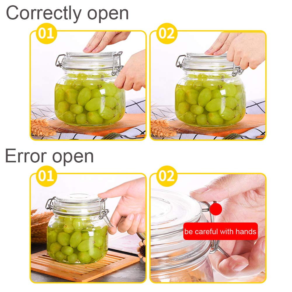 Kingrol 34 oz / 1000 ml Glass Storage Jars (Set of 4), Airtight Clamp Lid Canisters with Wide Mouth for Pantry Organization, Pickling, Fermentation & Dry Food Storage