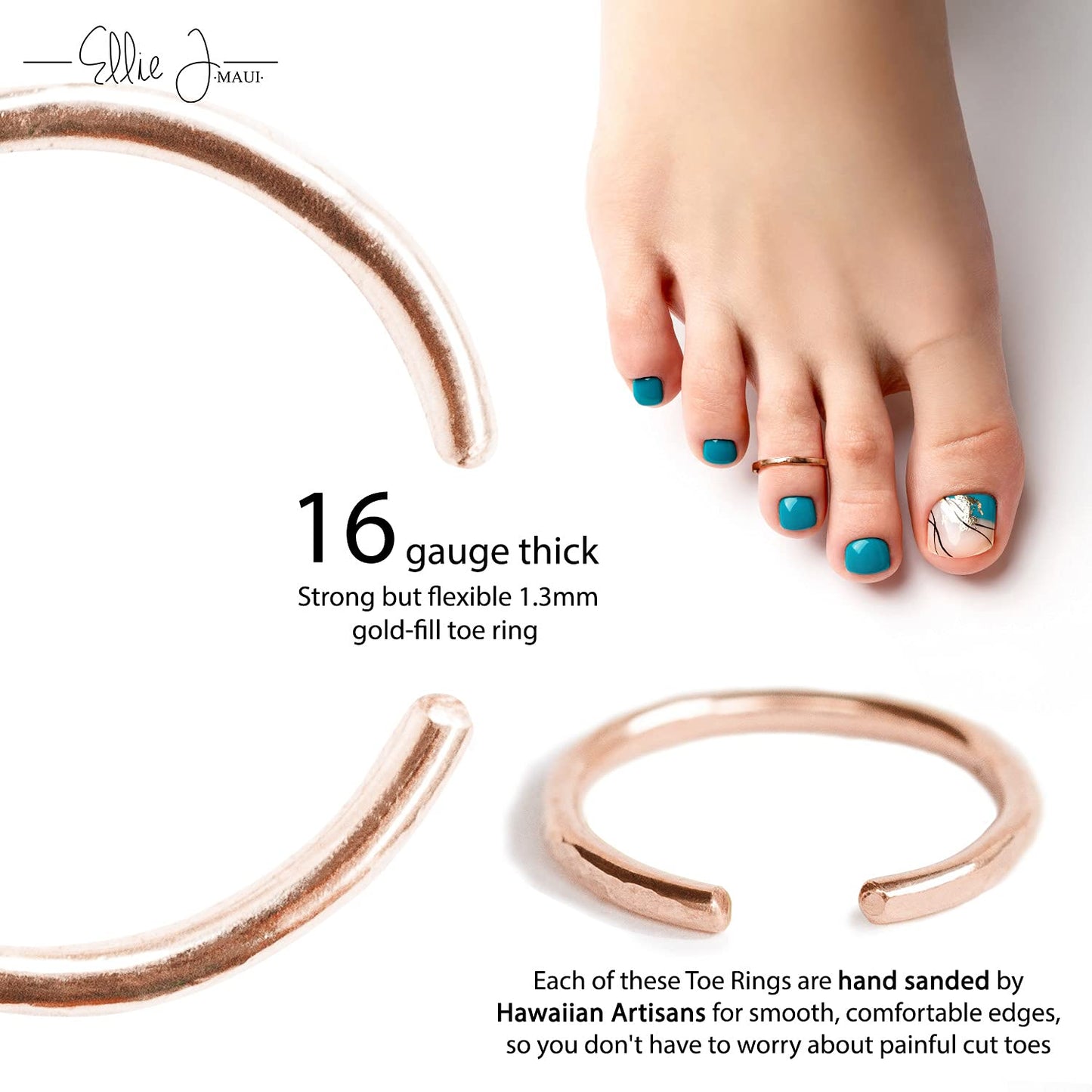 Ellie J Maui Open Toe Rings for Women, Handmade Adjustable 925 Sterling Silver, Real 14K Gold Filled & Rose Gold Filled Beach Design (rose gold)