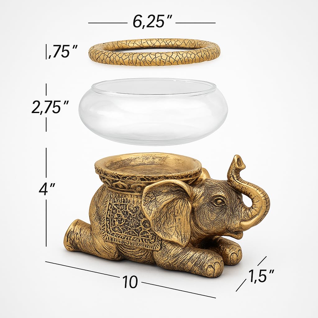 The Nifty Nook Good Luck Elephant Glass Bowl Gold Antiqued Polyresin Decorative Figurine with Removable Glass Bowl Terrarium, Candle Holder, or Tabletop Aquarium Home Decor with Gift Box