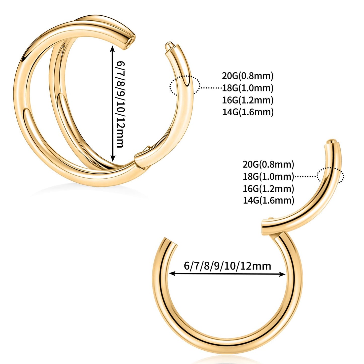 14g Nose Ring Hoop Earrings Gold Nose Hoops 14 Gauge Lip Rings Double Hoop Septum Hoop Seamless Septum Clicker 12mm Septum Ring Cartilage Earring Helix Earring Rook Earrings Nose Rings Surgical Steel