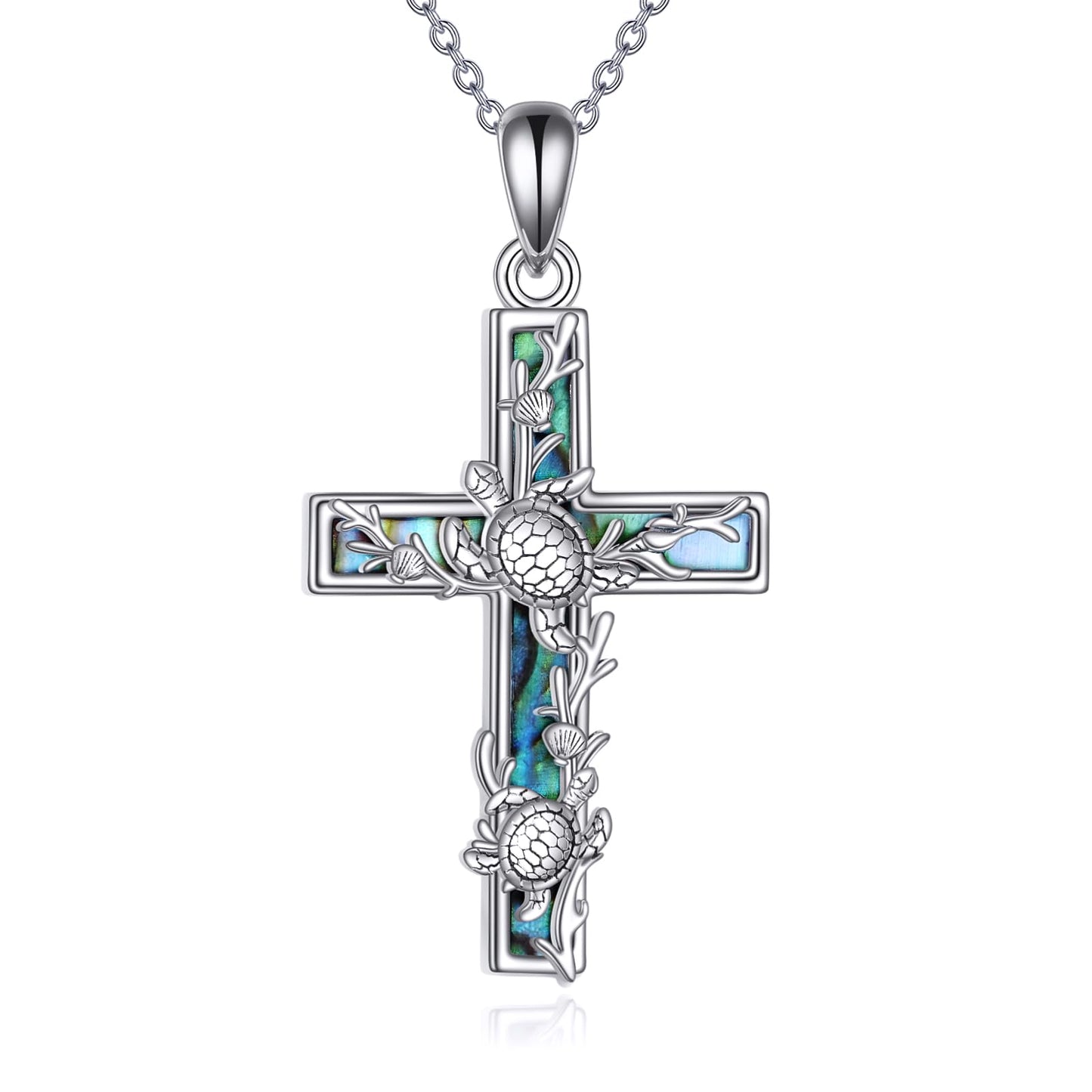 YFN Turtle Cross Necklace Sterling Silver Sea Theme Cross Pendant Abalone Shell Jewelry Religious Christian Baptism Gifts for Her Women