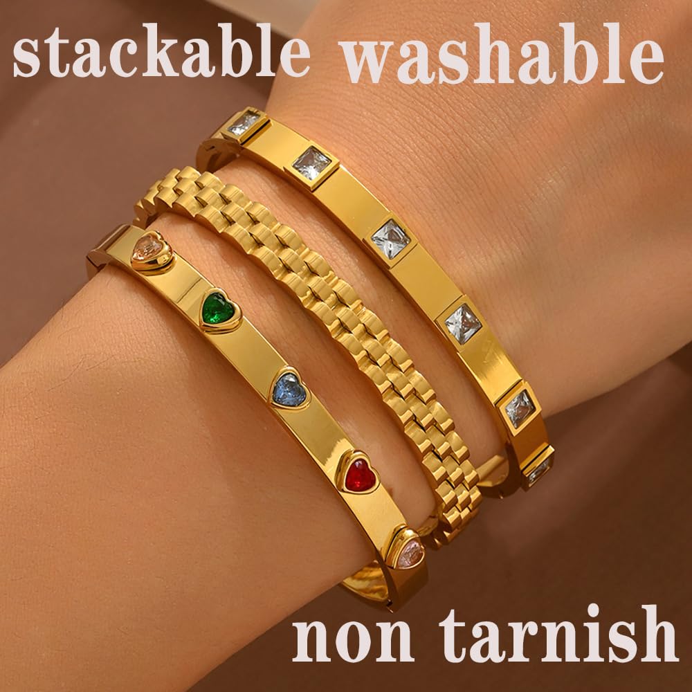 Xigocorsn Gold Bracelets For Women Heart Trendy Non Tarnish Trendy Stackable Charm Cuff Cute Mother Daughter Stainless Steel Bracelets (Three-piece bracelet set)