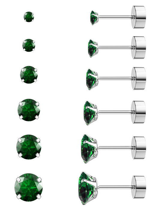 6 Pairs Hypoallergenic Cubic Zirconia Earrings Surgical Steel Flat Back Studs for Cartilage, Screw Back Fashion Jewelry