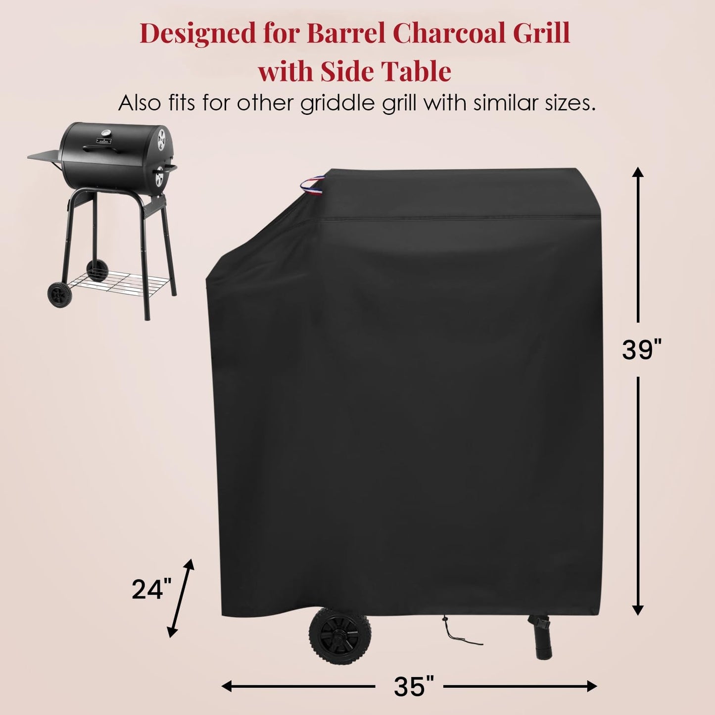 Agustone 35 Inch Grill Cover for DNKMOR Barrel Charcoal Grill with Side Table, Waterproof Cover for Kendane Outdoor BBQ Grill with Side Shelf, Backyard Camping BBQ Accessories - 35x24x39 Inch