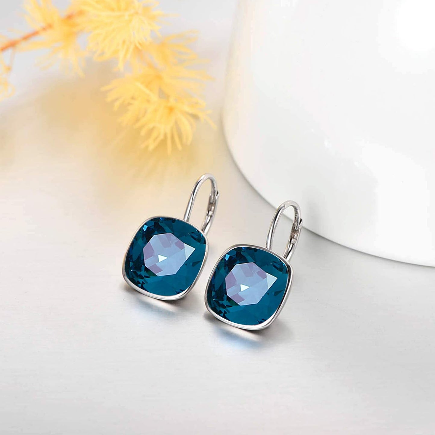AOBOCO Sterling Silver Leverback Earrings Embellished with Crystals from Austria, Hypoallergenic Cushion Cut Square Crystal Earrings, Fine Anniversary Birthday Jewelry Gifts for Women (London Blue)