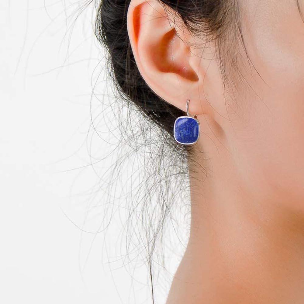 AOBOCO Sterling Silver Leverback Earrings Embellished with Crystals from Austria, Hypoallergenic Cushion Cut Square Crystal Earrings, Fine Anniversary Birthday Jewelry Gifts for Women (lapis)