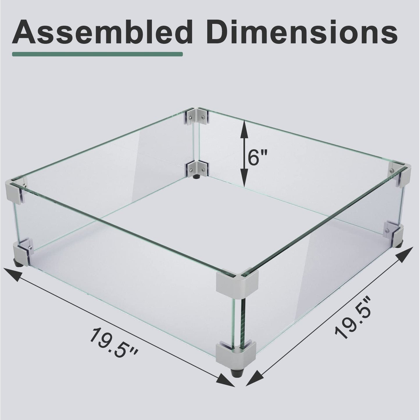 GASPRO 19.5 Inch Glass Wind Guard for Square Fire Pit Table, Thick and Sturdy Tempered Glass Panel with Hard Aluminum Corner Bracket & Rubber Feet, Easy to Assemble
