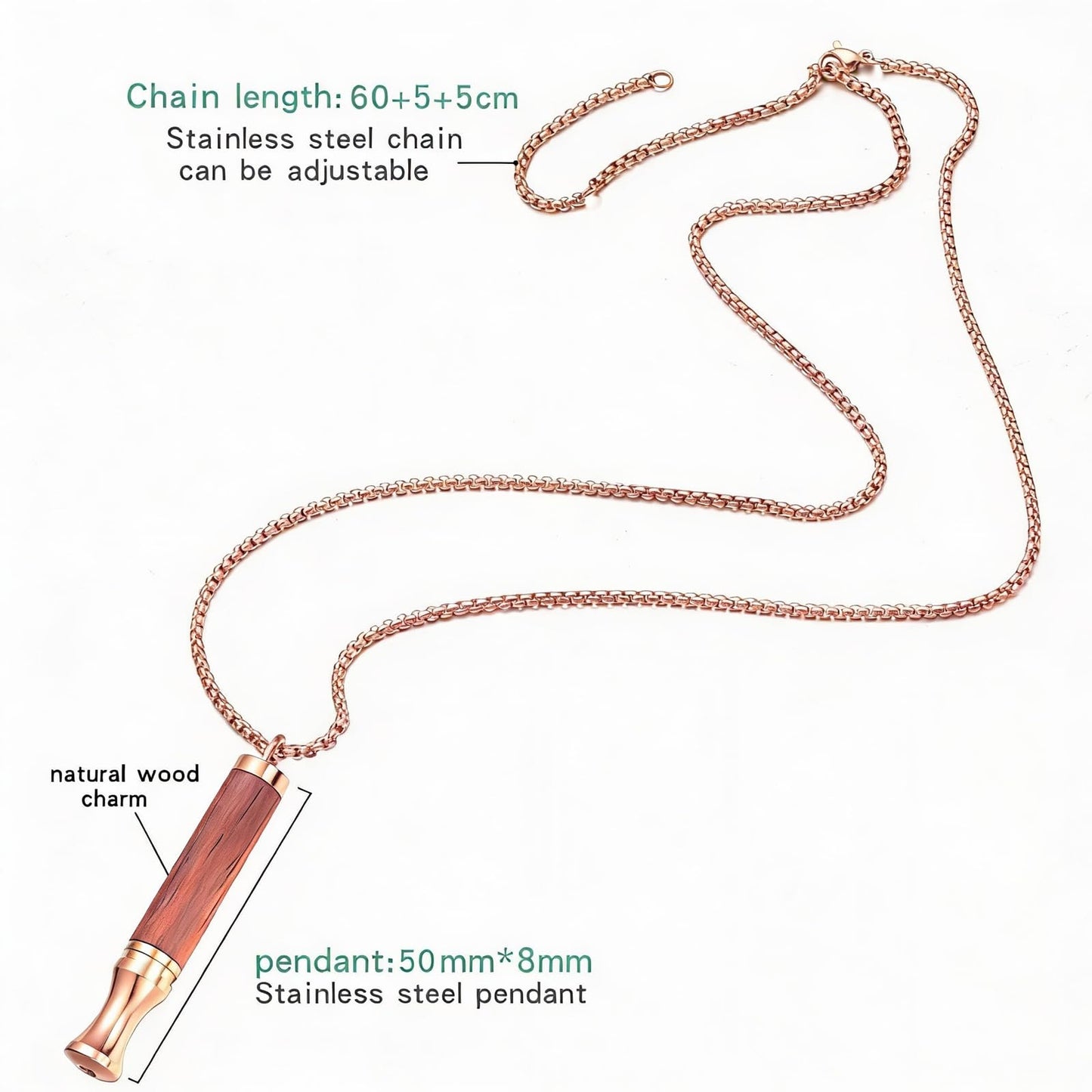 BOLAGTIER Mindful Breathing Necklace: Natural Wood Fidget Charm for Anxiety Relief & Quit Smoking Aid, Stainless Steel Sensory Pendant to Calm Your Mind (Rose Gold)
