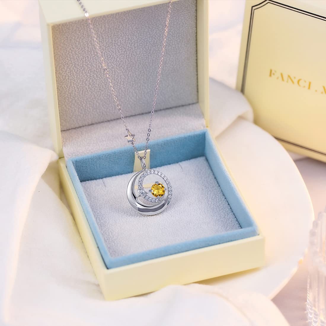 FANCIME Citrine November Birthstone Necklace Moon Star Pendant 925 Sterling Silver Yellow Topaz Fine Jewelry Gemstone Birthday Anniversary Graduation Mothers Day Gifts for Women Her Mom Wife