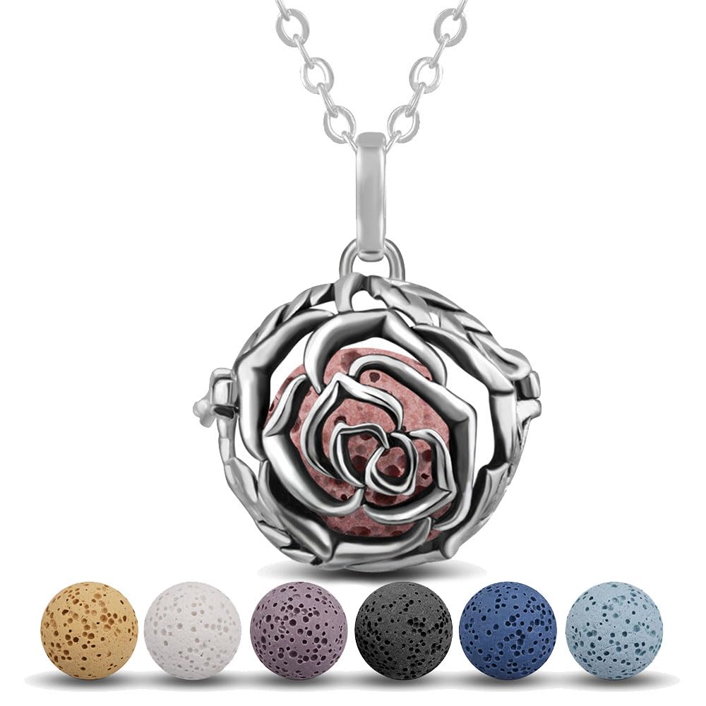 INFUSEU Essential Oil Diffuser Necklace for Women Aromatherapy Jewelry Lava Rock Stone Pendant Unique Vintage Rose Flower I Love You Gifts for Her Mom Wife Grandmother Spiritual People