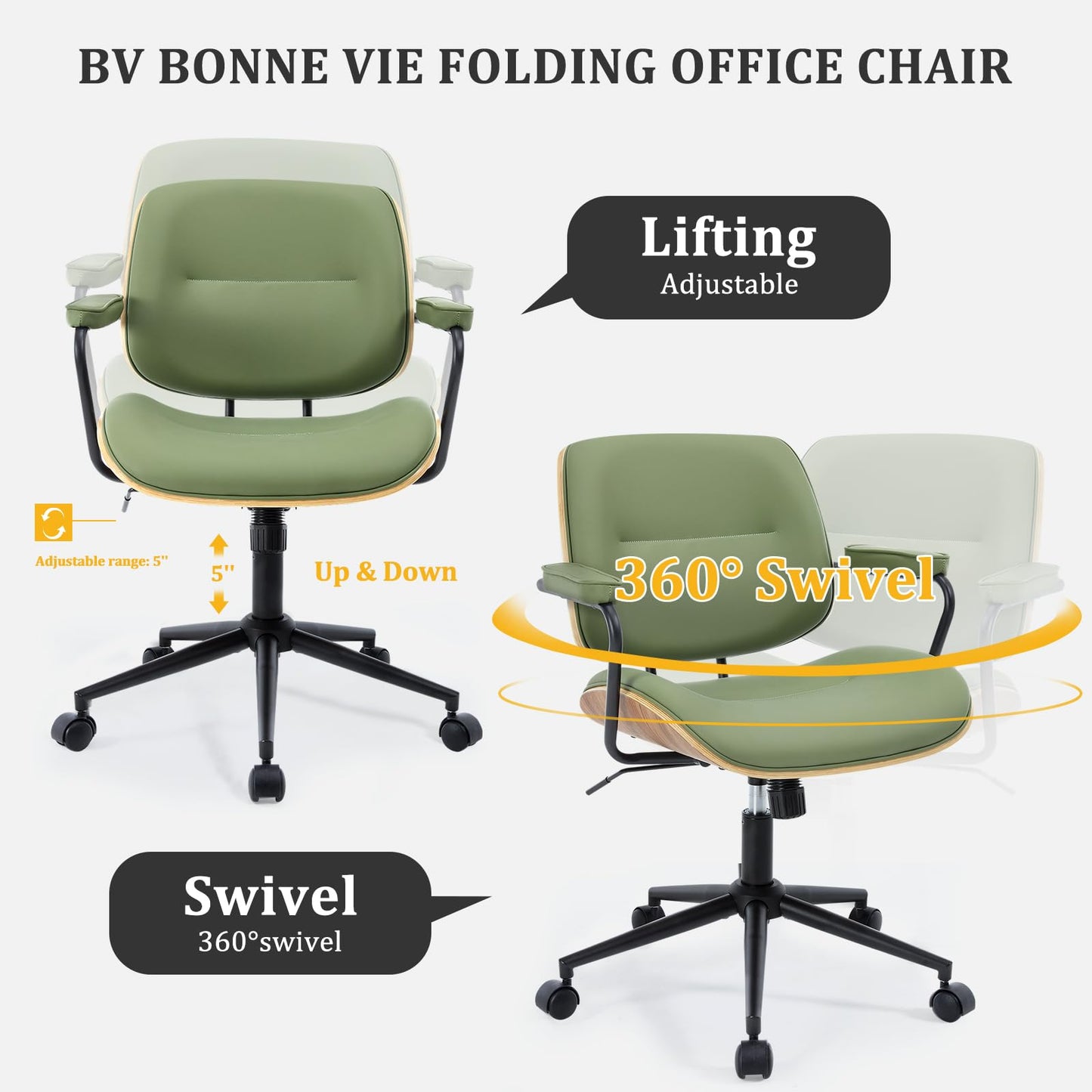 BV Mid Century Modern Office Chair Set of 1, Swivel Rolling Deak Chair with Armrests and Walnut Back, Adjustable Desk Chair for Home Office, Green