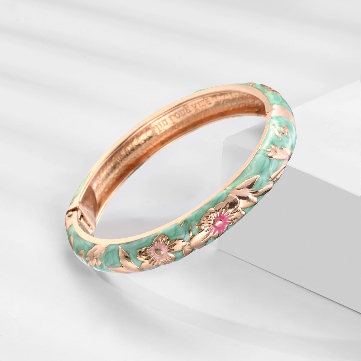 UJOY Vintage Cloisonne Jewelry Bracelet Gold Plated Handmade Bead Rhinestones Enamel Spring Cuff Bangles 2 Pcs Set for Womens Gift 7735-55A103 Pink Green