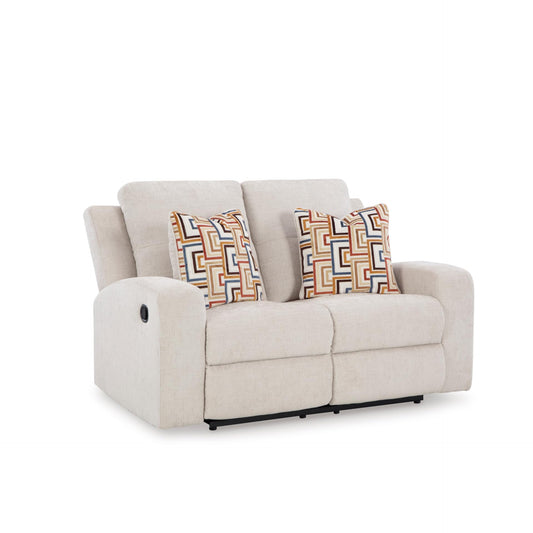 Signature Design by Ashley Danum Modern Tufted Manual Reclining Loveseat with 2 Accent Pillows, Beige