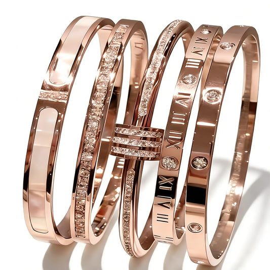 5-Piece Elegant Stainless Steel Bracelet Set, Fashionable Classic Design, Stainless Steel 5 Piece Bracelet Set, Non Tarnish Bangle, Elegant Bracelets Sets for Everyday and Formal Wear (Rose Gold)