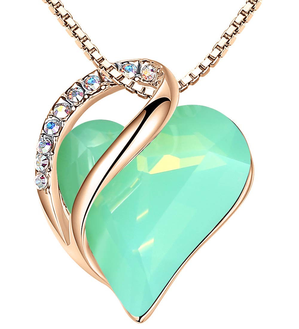 Leafael Gifts for Women Rose Gold Plated Necklaces: Heart Shaped Jade Green Healing Crystal, Cubic Zirconia, Hypoallergenic Chain (18"+2"), Jewelry for Anniversaries and Birthdays