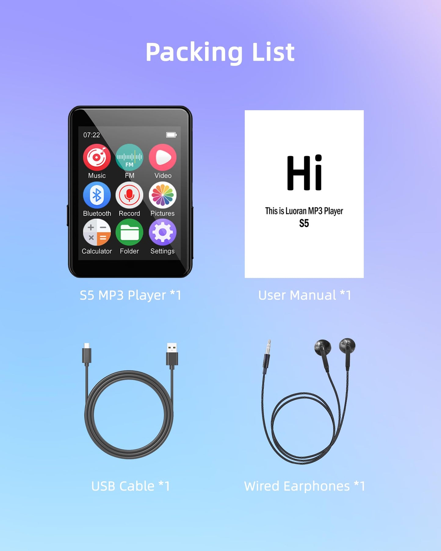 64GB Music Player with Bluetooth 5.3, 2.4" Portable MP3 Player with Speaker, FM Radio, Voice Recorder, E-Book, Full Touch Screen, Supports up to 256GB (Earphones Included)