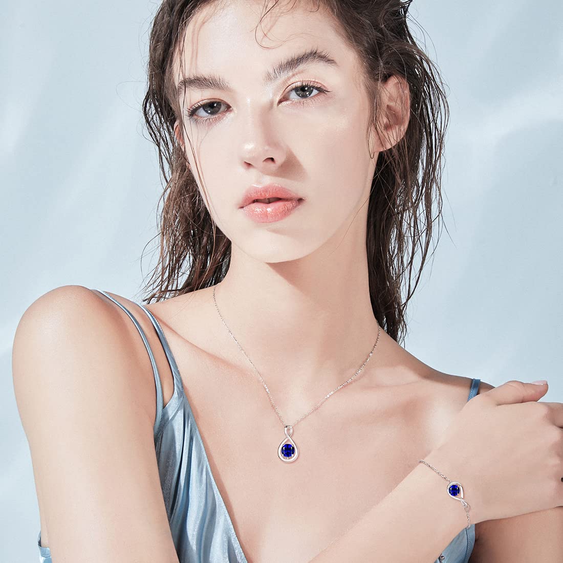 FANCIME Blue Sapphire Necklace September Birthstone for Women Sterling Silver Dainty Infinity Pendant Fine Jewelry Birthday Anniversary Graduation Mothers Day Gifts for Women Her, Chain Length 16+2"