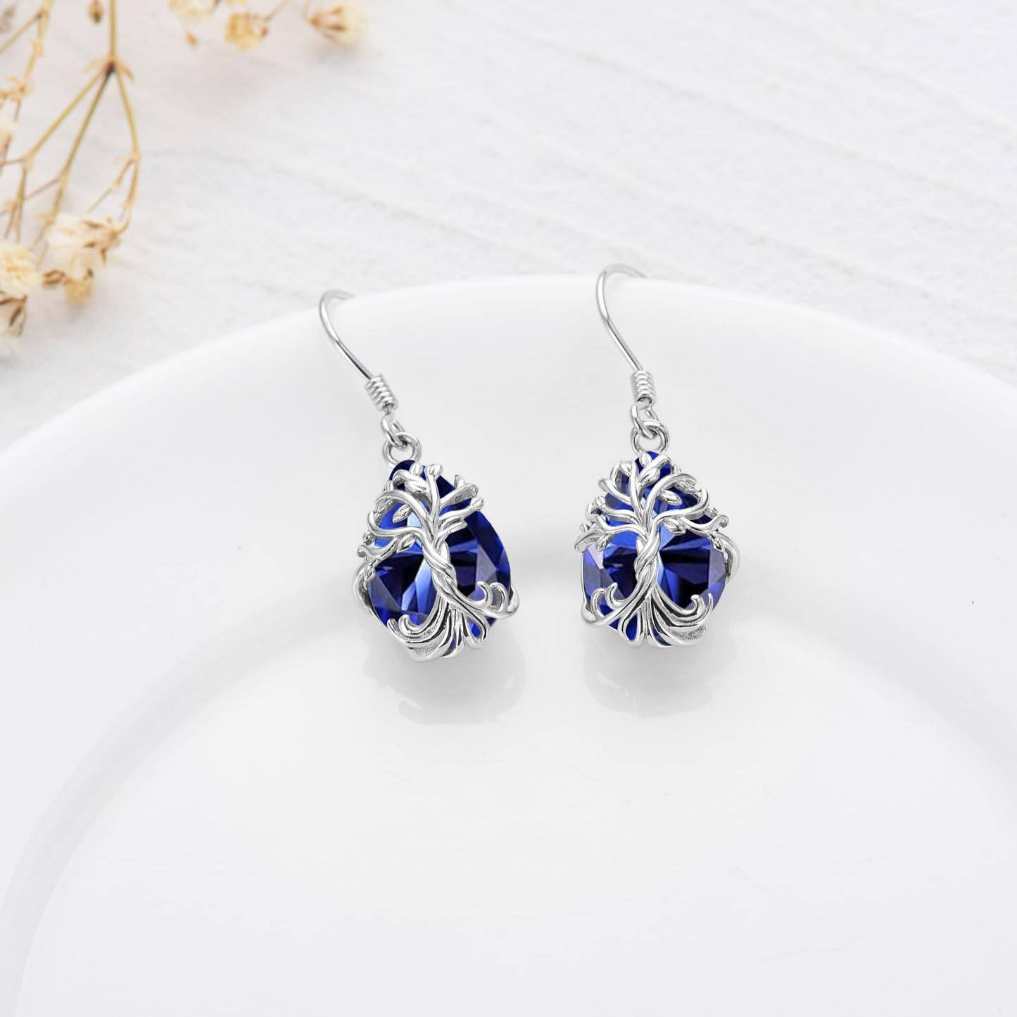 TOUPOP Sapphire Tree of Life Earrings Sterling Silver Teardrop September Birthstone Earrings Family Tree Sapphire Jewelry Birthday Mothers Day Gifts for Women Mom Her