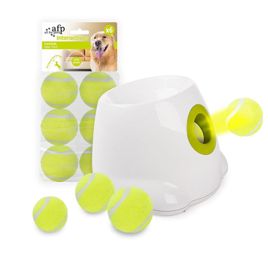 ALL FOR PAWS Automatic Ball Launcher for Dogs Interactive Puppy Pet Ball Outdoor Thrower Fetch Machine, 6 Balls Included (2.5 inch) + Six Tennis Balls Bundle