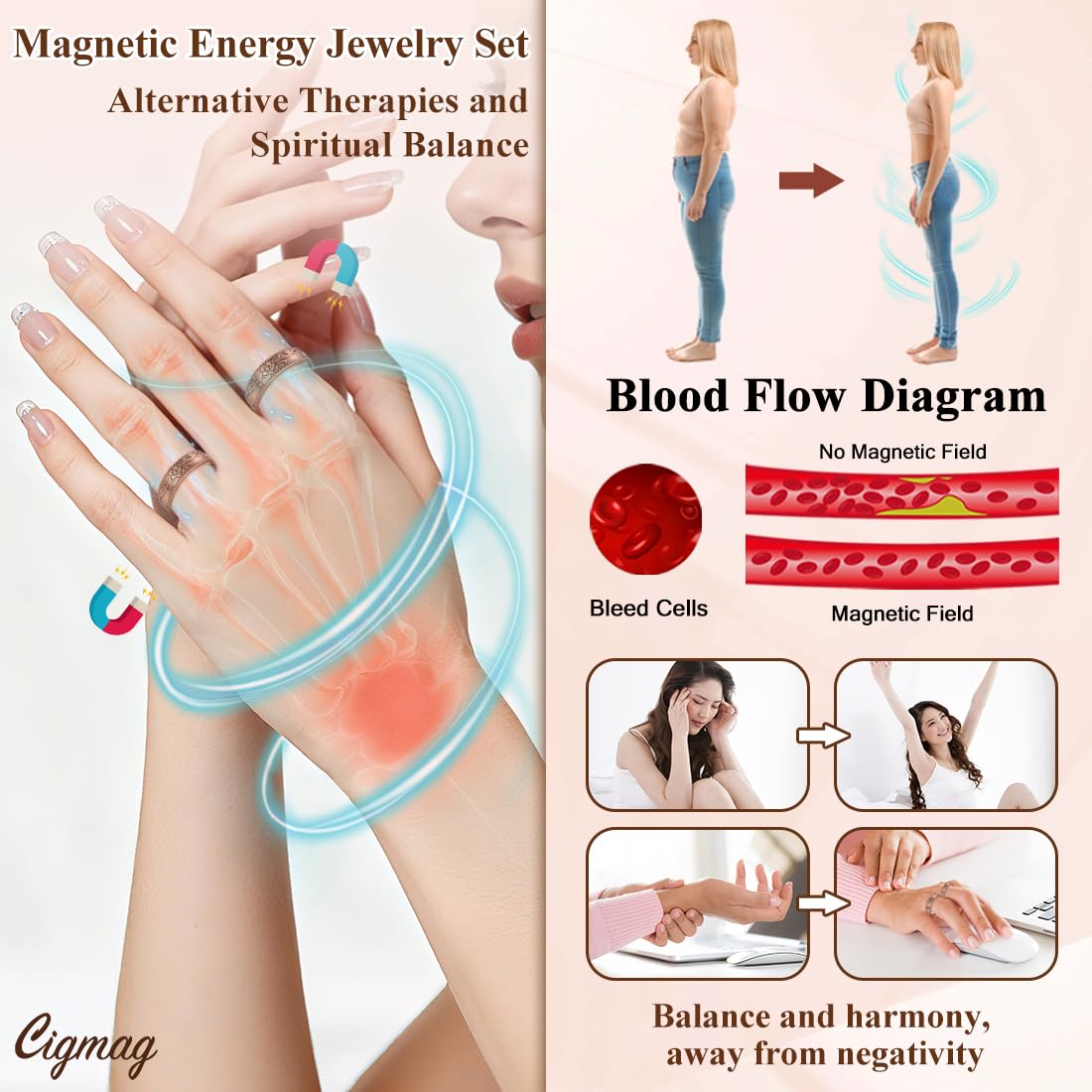 Cigmag 9X Copper Rings for Women Men, with Powerful Magnets, Adjustable Solid Pure Copper (Plum)