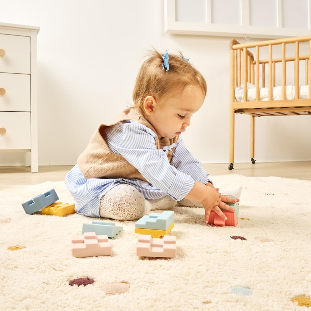 Miniland Baby Toys, Silicone Sensory Toys, Blocks for Babies with Cute Textures and Reliefs, Montessori Toys for 1 Year Old, Building Blocks +6 Months | Soft Towering Blocks