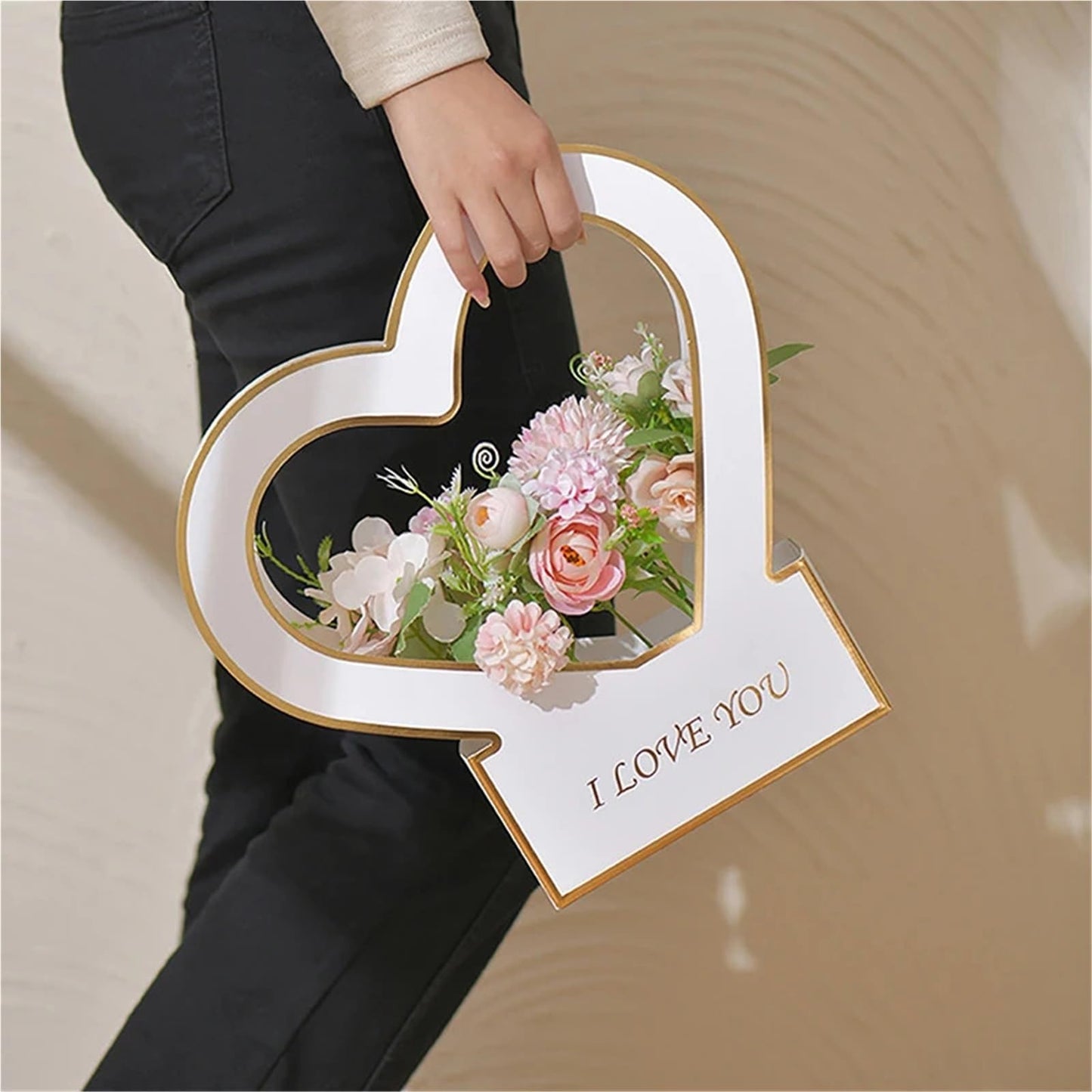Nikeg Kraft Paper Flower Gift Bags 3Pcs Flowers Arrangement Kraft Paper Bag Folding Portable Flower Packaging Box Waterproof Basket Heart Handle Gift Tote Bags