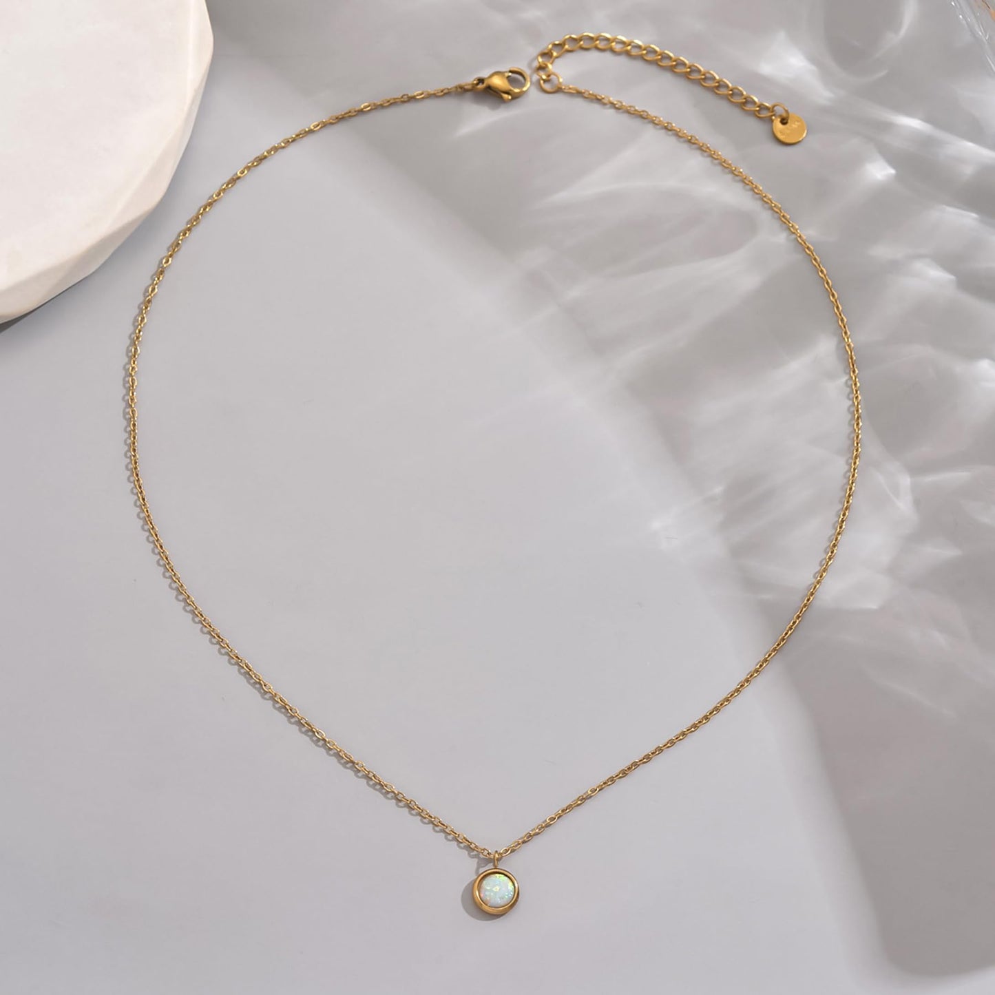NONAMOIS 18K Gold Plated White Opal Pendant Necklace for Women Stainless Steel Dainty Gold Created Opal Choker Necklace Trendy Non Tarnish Jewelry