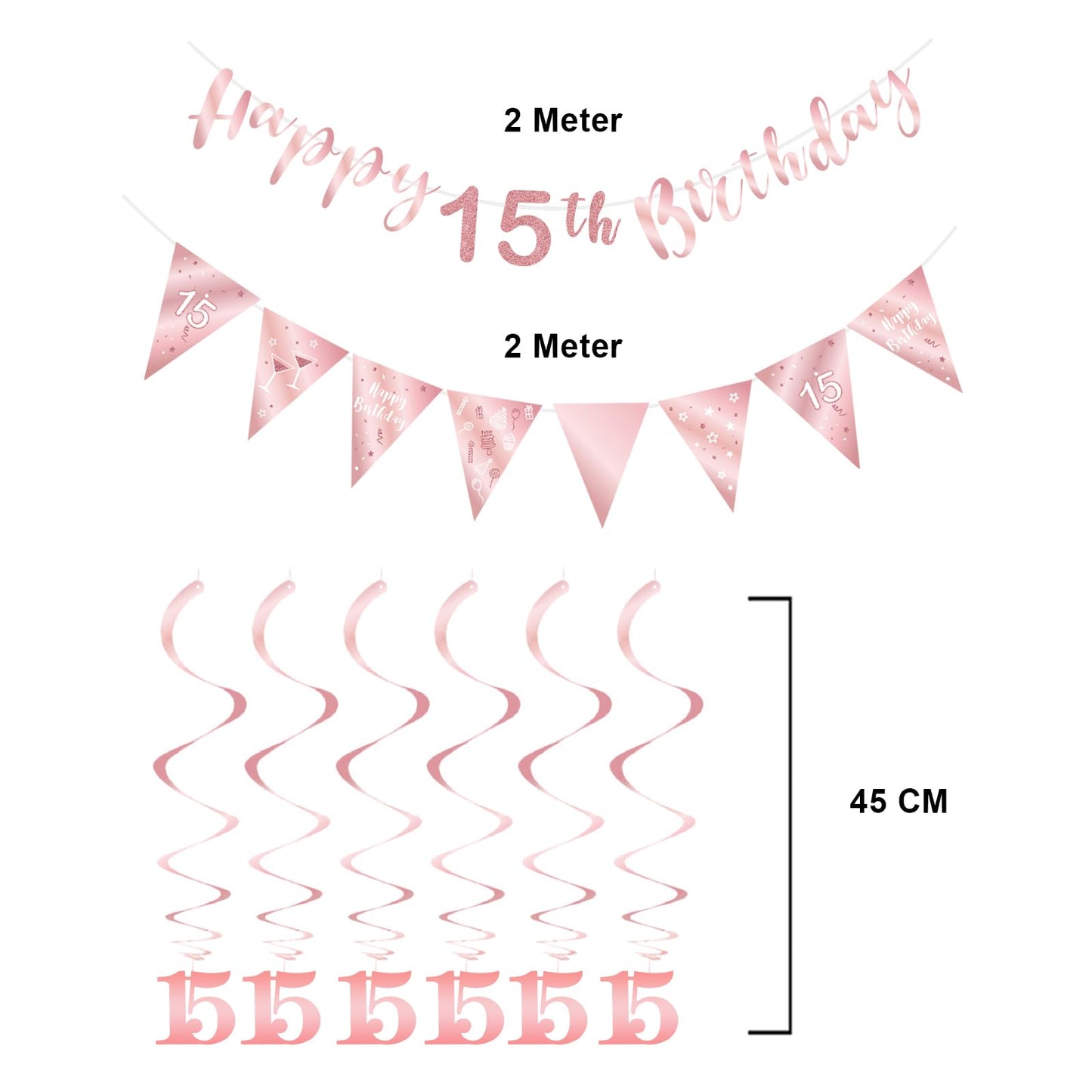 BRT Bearingshui 15th Birthday Decoration Kit for Girls, Happy 15th Banner Bunting Swirls Streamers, Triangle Flag Banner for Party Decorations, Rose Gold 15th