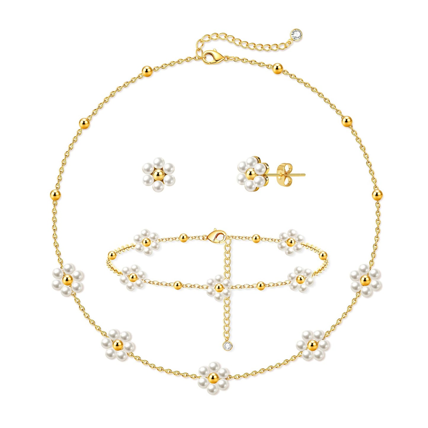 Zeffy Gold Daisy Pearl Necklace and Earring Set with Pearls Stud Earrings Bracelets 14K Gold Plated Flower Choker Necklace Wedding Bride Daisy Jewelry Trendy Gift