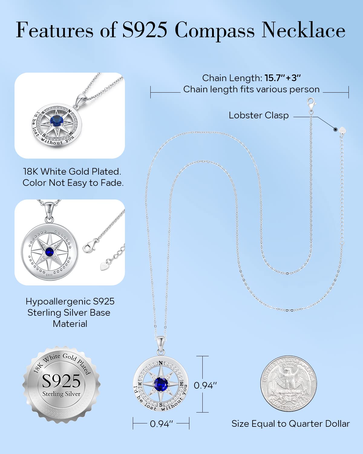 S925 Sterling Silver Necklace for Wife, Women Anniversary Year Gifts Compass Jewelry, Birthday Gift Ideas for Her Girlfriend Woman Necklaces, 18K White Gold September