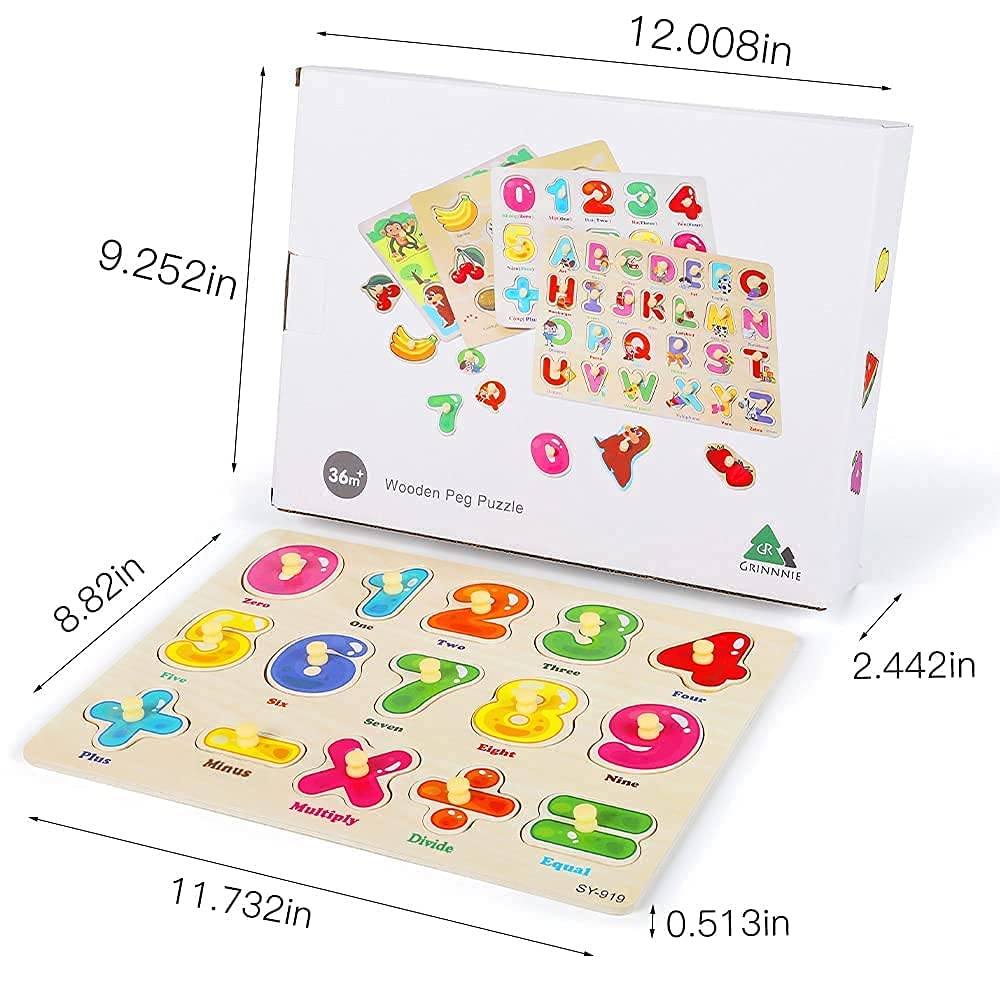 GRINNNIE Wooden Peg Puzzle for Toddlers 3 4 5 Years Old, 4 PCS Montessori Educational Learning Puzzles Set-Numbers, Letters, Animals and Fruits, Great Preschool Gifts for Girls and Boys