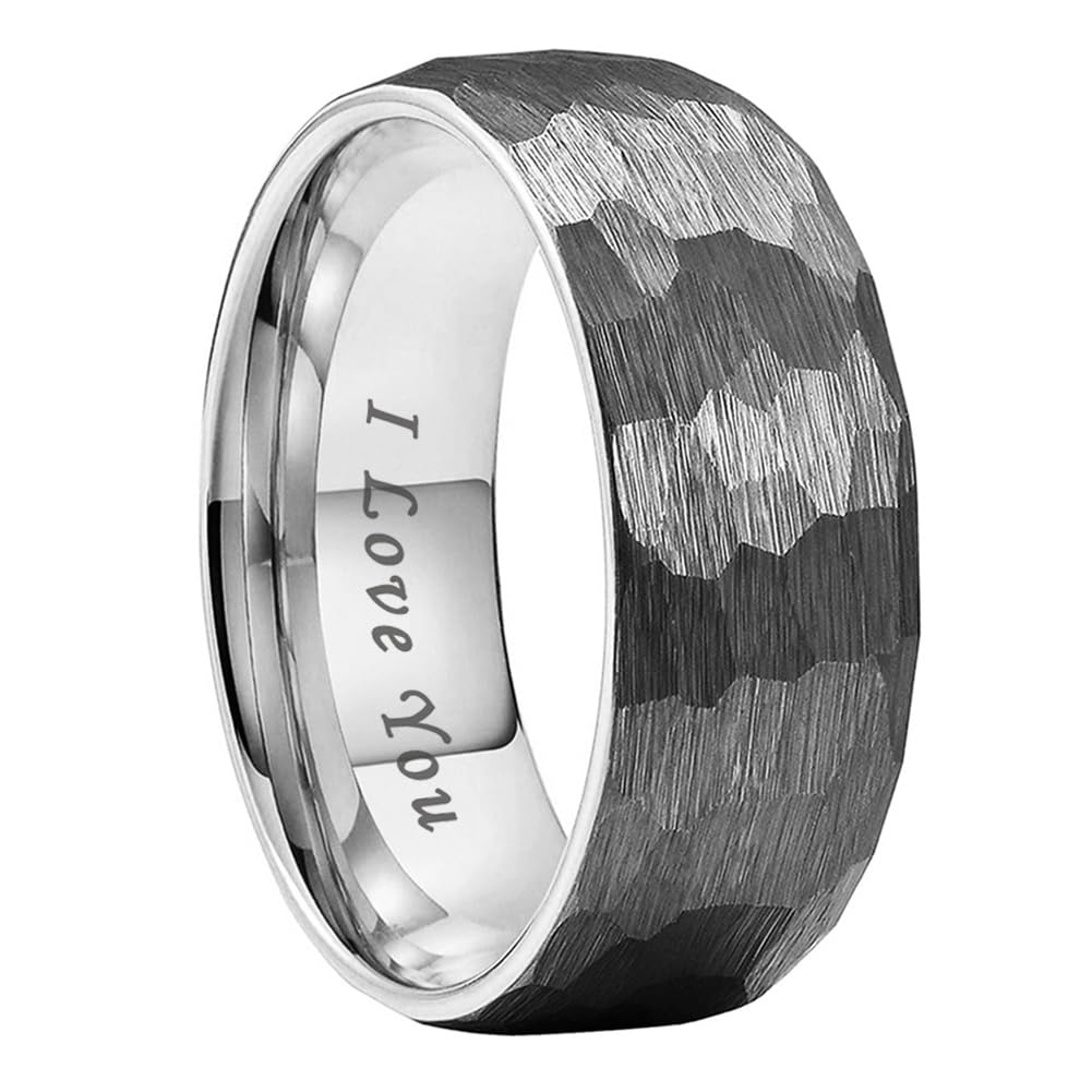 TUTISS 8mm Hammered Tungsten Carbide Rings for Men Women Engagement Wedding Bands Domed I Love You Engraved Comfort Fit Size 9
