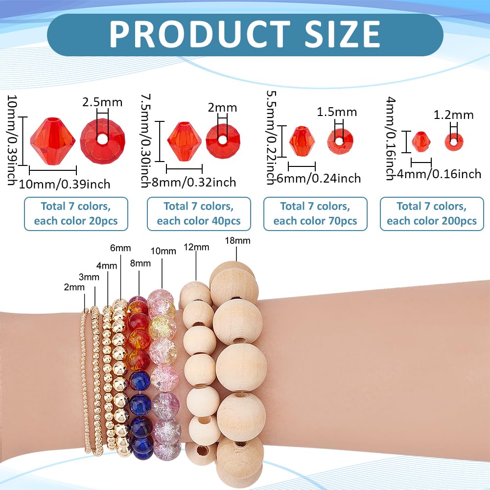 PH PandaHall 2310pcs Crystal Beads for Jewelry Making 4mm 6mm 8mm 10mm Acrylic Faceted Bicone Beads Transparent Loose Bead for Bracelet Necklace Earring Jewelry Making and DIY Craft, 7 Colors