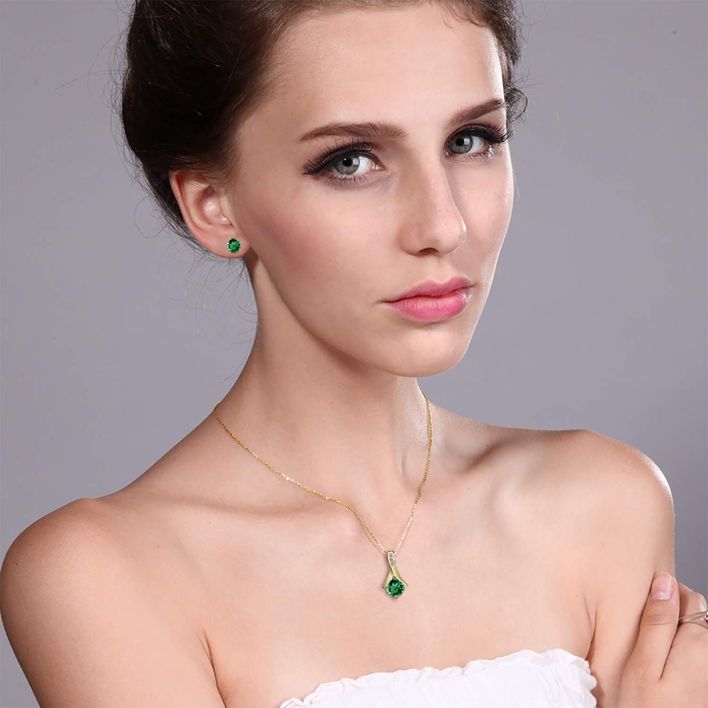 Gem Stone King 18K Yellow Gold Plated Silver Simulated Emerald and White Diamond Pendant Earrings Jewelry Set For Women | 2.36 Cttw | With 18 Inch Chain | Fine Jewelry Gifts for Her Mom Women Wife