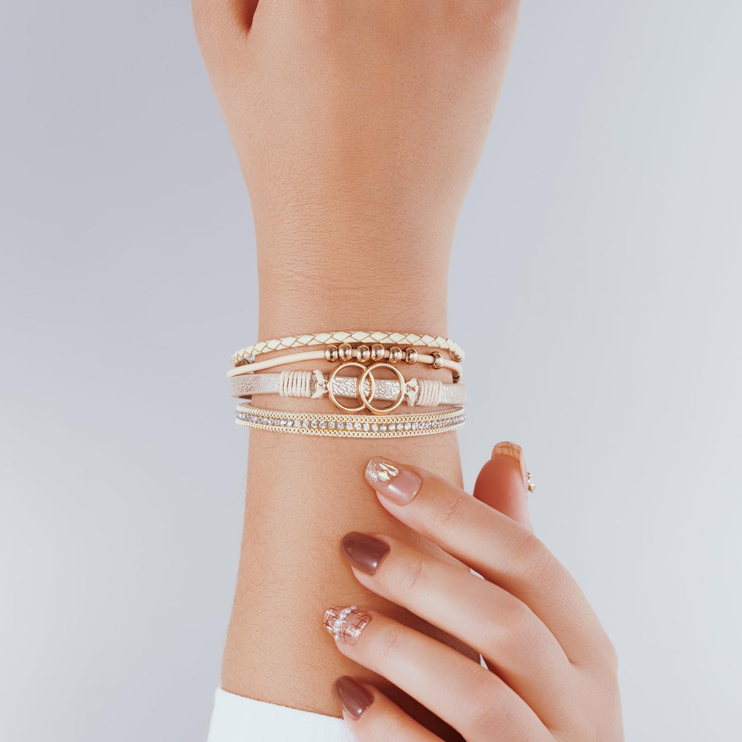 Becklynn Boho Leather Wrap Bracelets Beaded Crystal Stackable Cuff Bracelet with Magnetic Clasp Cowboy Cowgirl County Concert Outfits Western Jewelry Gifts for Women(Infinity Gold)