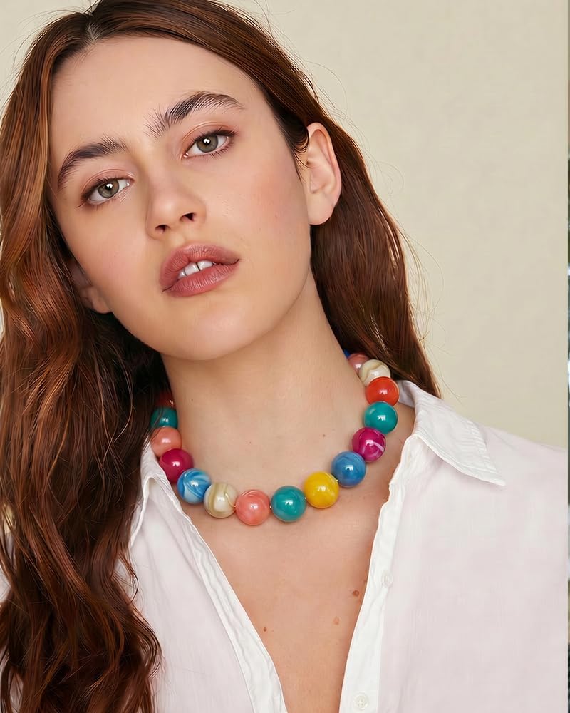 FAUTHENTICUTE Colorful Chunky Beaded Choker Necklace for Women Large Rainbow Resin Bead Strand Necklace Trendy Boho Collar Statement Necklaces Summer Beach Jewelry Gifts