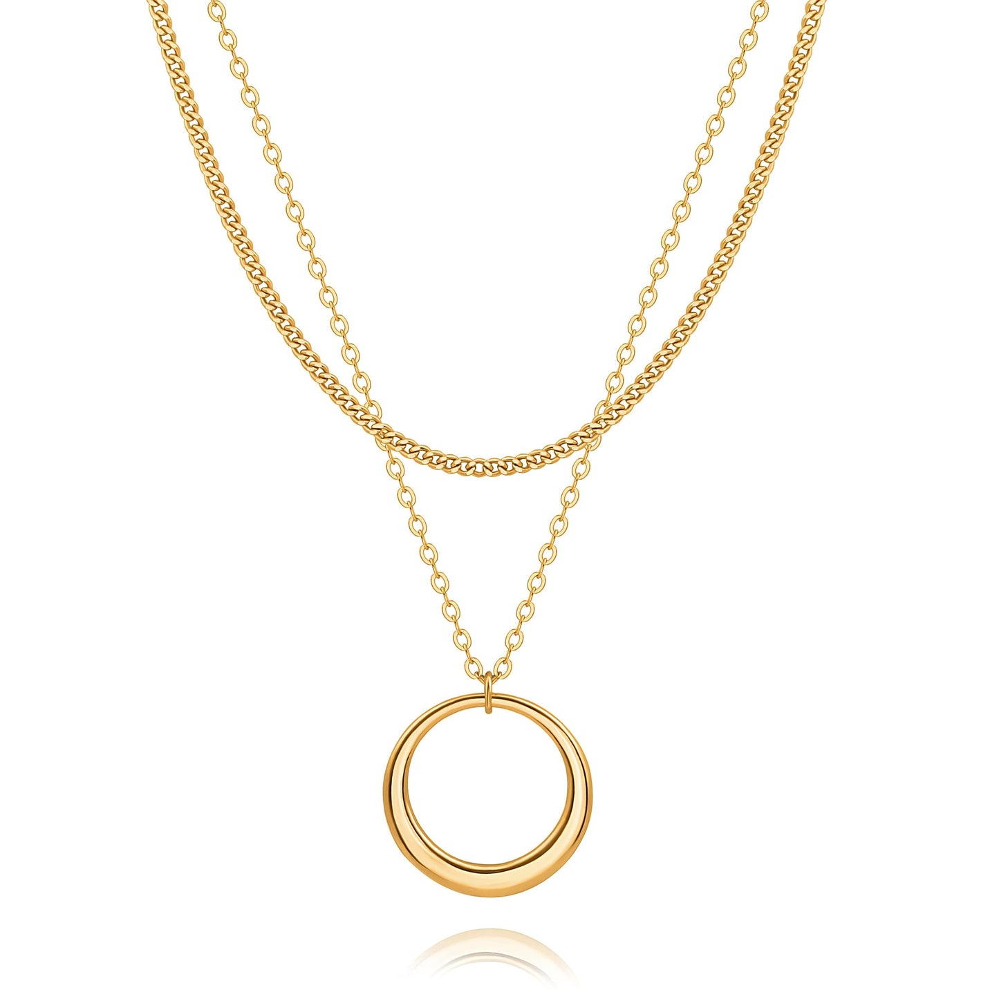 CANEVINKA 18K Gold Plate Layered Circle Pendant Necklaces for Women,Stackable Dainty 18K Gold Plated Trendy Circle Chain Cuban link chain Pendant Choker Necklace,Jewelry Gifts for Women