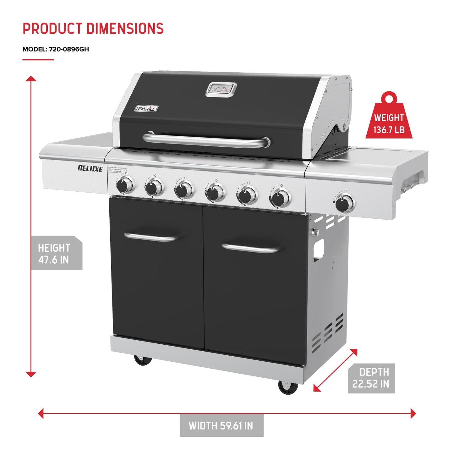 Nexgrill Deluxe 6-Burner Dual Fuel Propane Gas Grill with Searing Side Burner and Griddle Insert, Stainless Steel Frame, 60,000 BTUs Output, BBQ Grill for Outdoor Gatherings - 720-0896GH