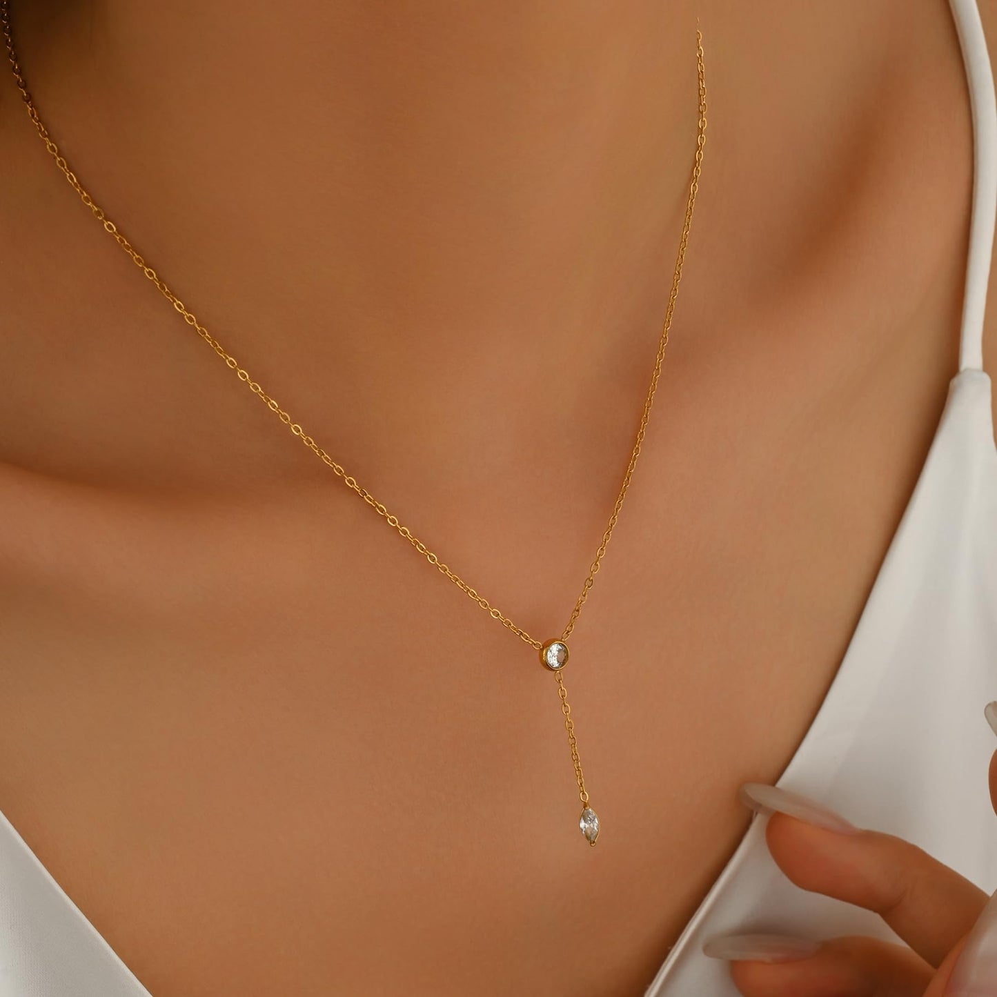 Jewigo Cubic Zirconia Necklaces for Women 18K Gold Plated Tear drop Necklace Dainty Layered CZ Lariat Diamond Necklace
