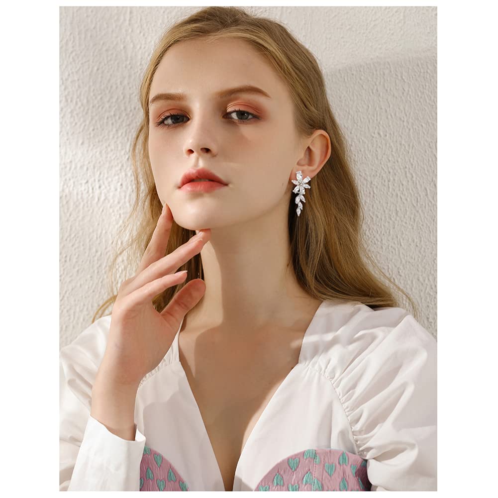 Women's Cubic Zirconia Bridal Earrings - Silver Marquise CZ Cluster Floral Leaf Crystal Rhinestone Dangle Drop Earring for Bride Bridesmaids Mother of Bride Party Prom