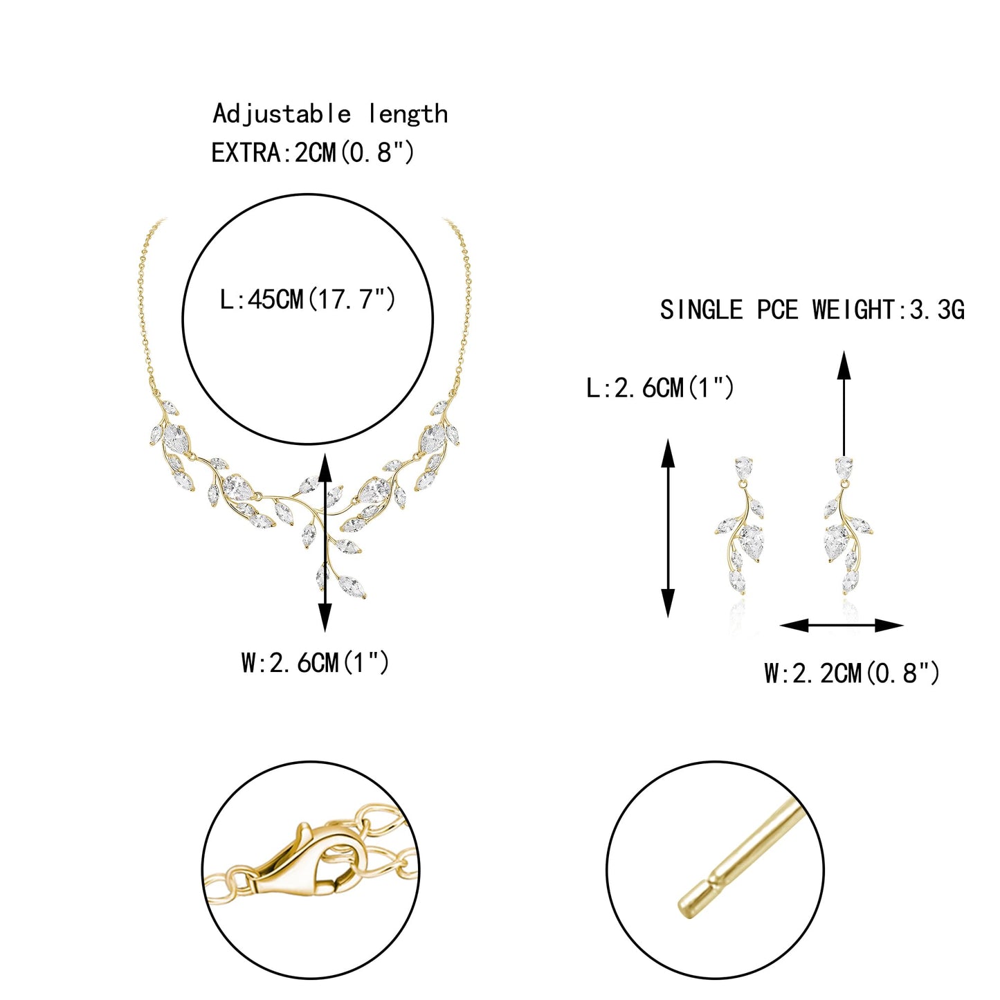 EVER FAITH Wedding Jewelry for Bride Bridesmaids, Sparkly White Cubic Zirconia Gold-Plated-Brass Pear Shaped Leaf Bridal Choker Necklace Earrings Set for Prom