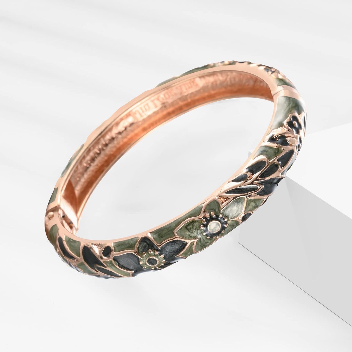 UJOY Handcraft Bangle Enameled Floral Colorful Cloisonne Jewelry Spring Hinged Cuff Bracelets Gifts for Holiday Birthday 55A101 Green